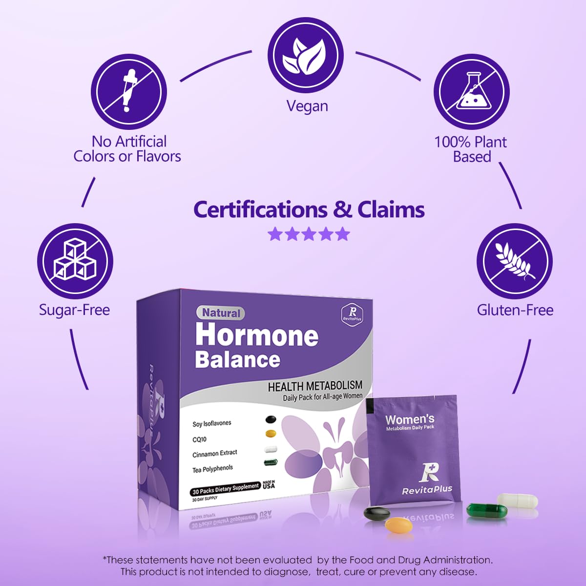 Natural Hormone Balance for Women, Menopause Supplements for Women with Evening Primrose Oil,CoQ10,Soy Isoflavones, Daily Pack Supports Peri+Menopause+Post, PMS,Metabolism,Mood,Energy 30Packs RevitaPlus Au supplements