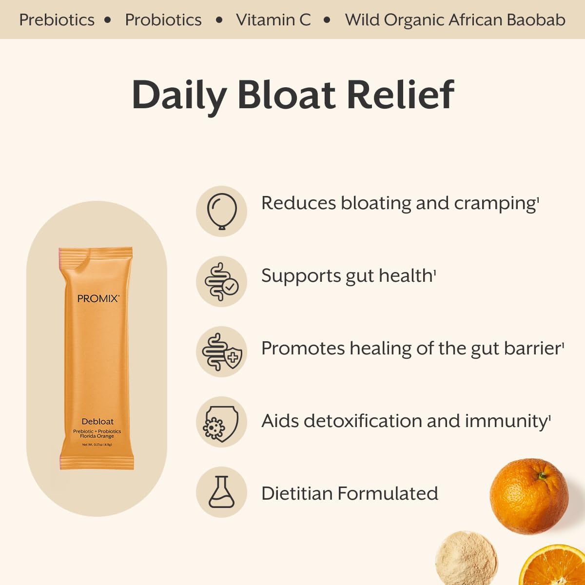 ProMix Nutrition Debloat Prebiotics and Probiotics with Baobab - Rich in Vitamin C, Bloating Relief, Immune Support
