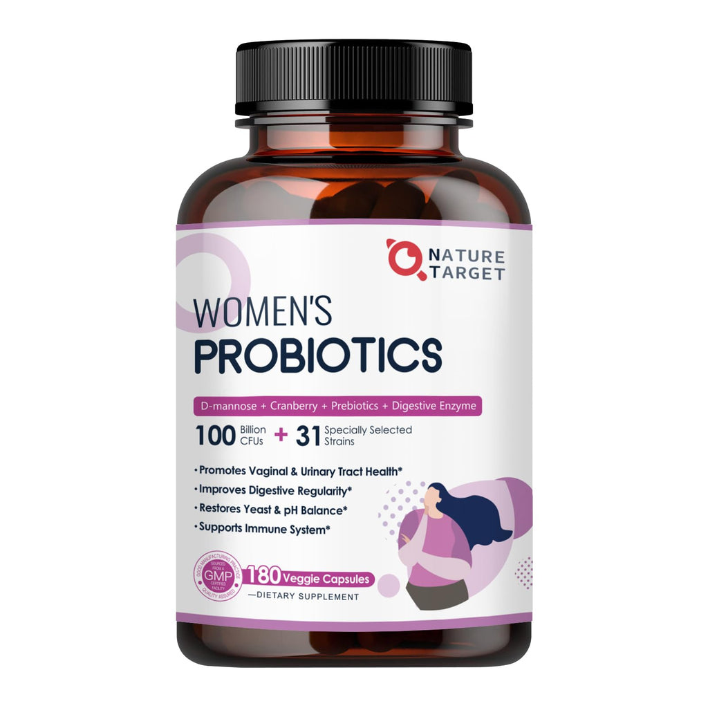 NATURE TARGET Probiotics for Women, 100 Billion CFUs Probiotic with Digestive Enzymes & Prebiotics, Vaginal Probiotics with Cranberry for Urinary Tract Health,