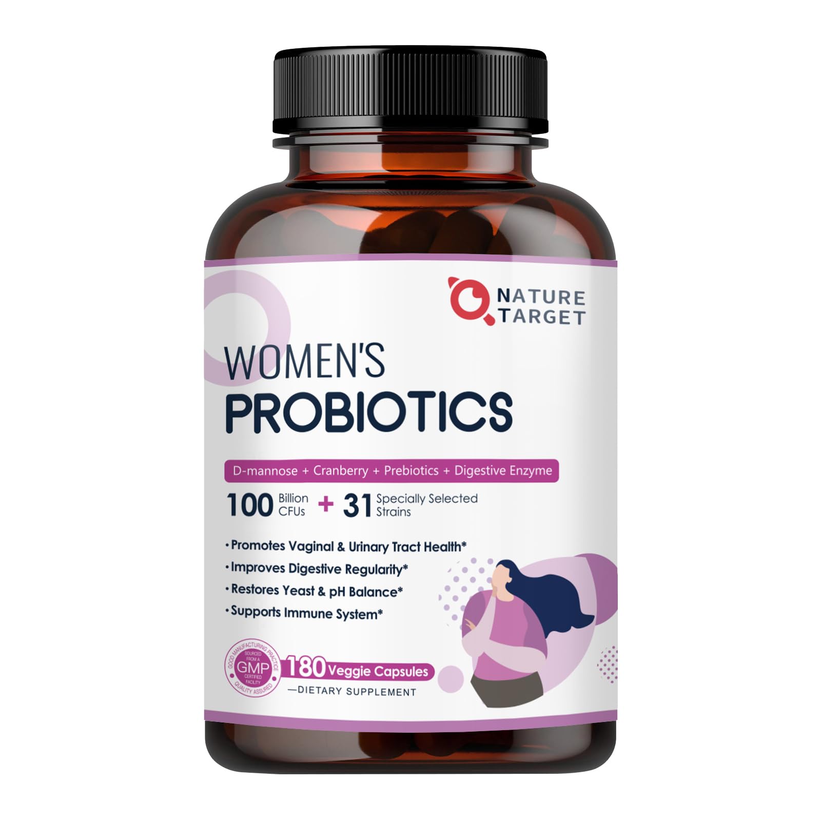 NATURE TARGET Probiotics for Women, 100 Billion CFUs Probiotic with Digestive Enzymes & Prebiotics, Vaginal Probiotics with Cranberry for Urinary Tract Health,