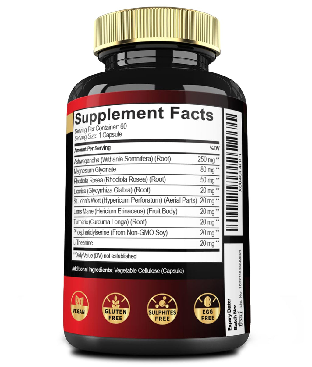9in1 Cortisol Shield - Ashwagandha & Magnesium Glycinate, Rhodiola, Phosphatidylserine, L-Theanine, Licorice Root, St. John's Wort, Lions Mane - Mind & Mood, Restful Night Support - 60 Capsules Mecisco Au supplements