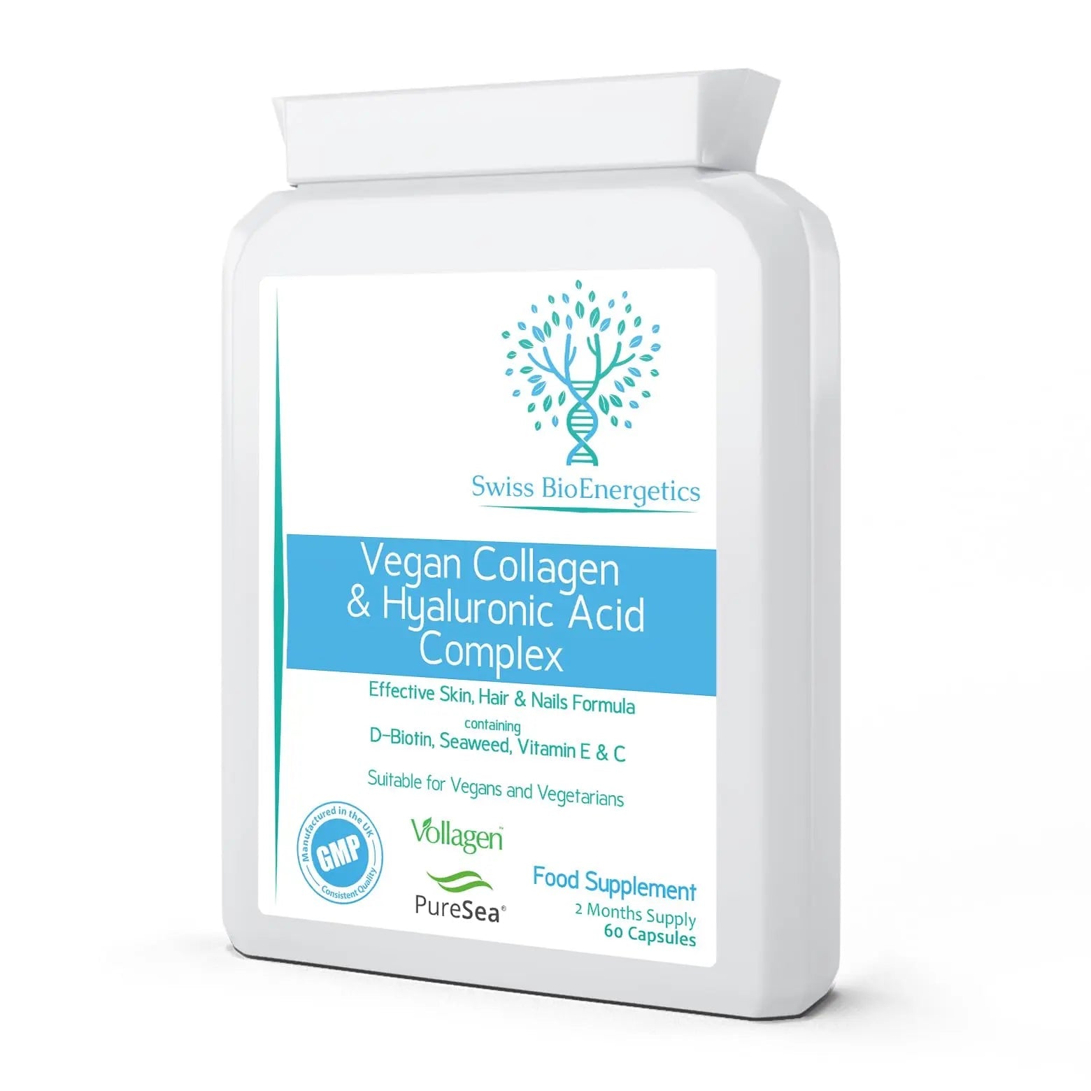 Vegan Collagen & Hyaluronic Acid Complex - 60 Capsules - Effective Skin, Hair & Nails Formula with 500mg swiss bioenergetics Au supplements