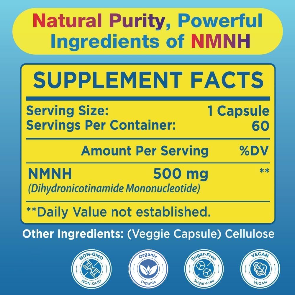 NMNH (NMN Supplement Alternative) NAD Supplements for Anti Aging, Energy, Immune, Focus (Dihydronicotinamide Mononucleotide) 500mg, to Boost NAD+ Levels As We Age, Pure Organic - 60 Capsules Beyyoly Au supplements