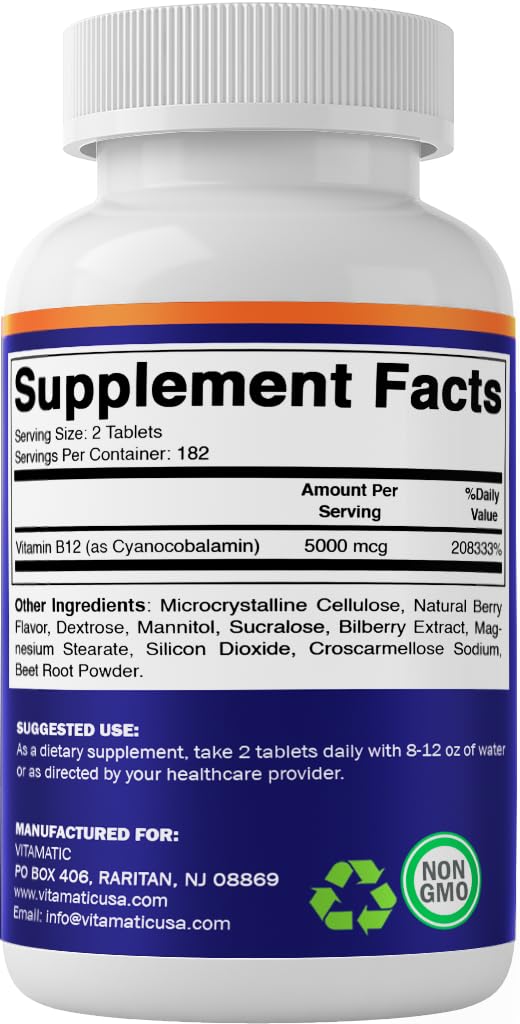 Vitamatic Vitamin B12 5000 mcg – 365 Fast Dissolve Tablets Berry Flavor – Supports Energy Production & Nervous System Health