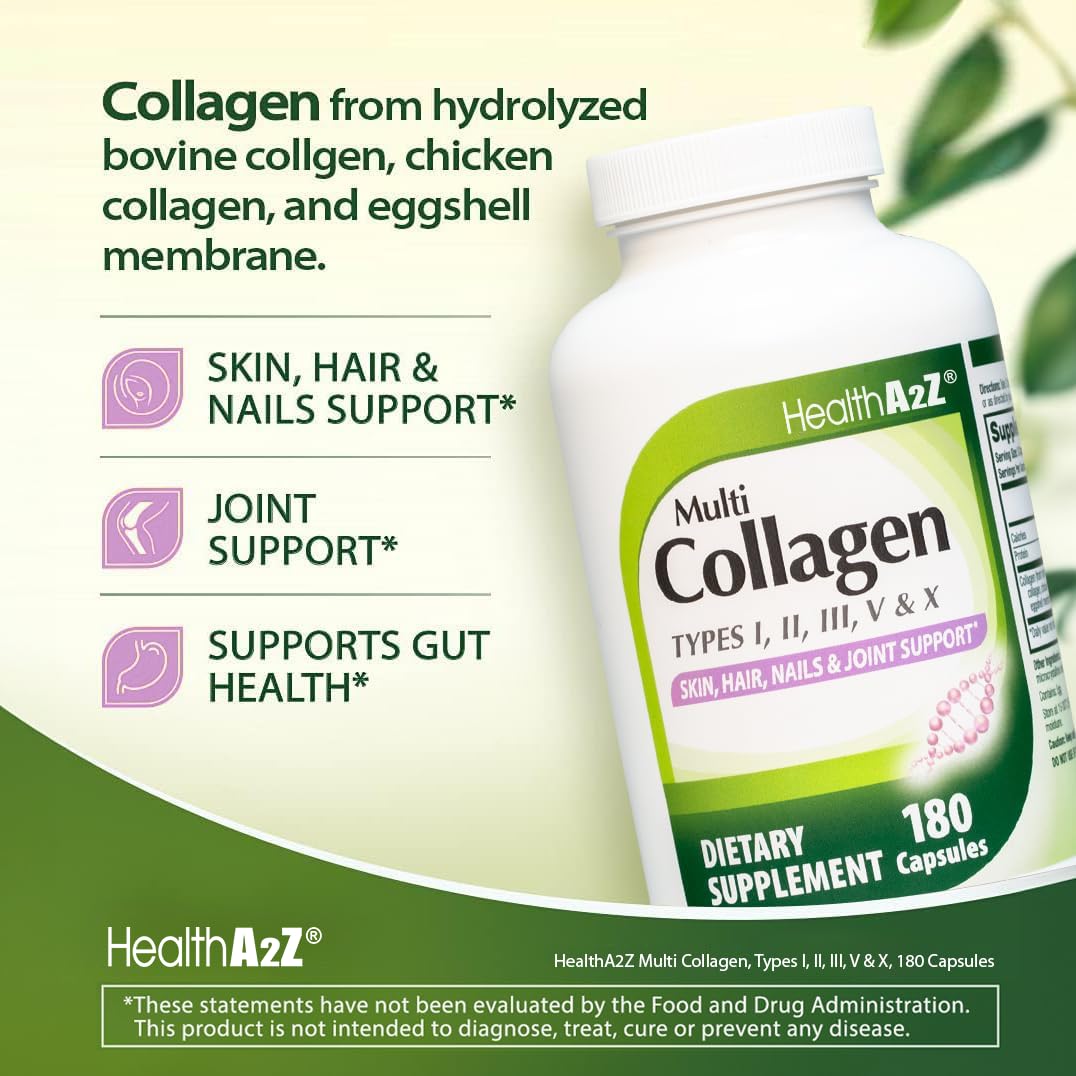 HealthA2Z Multi Collagen pills 1735mg -180 collagen capsules (60 servings) - Types I, II, III, V & X for Healthy Skin, Hair, Nails & Joint Support