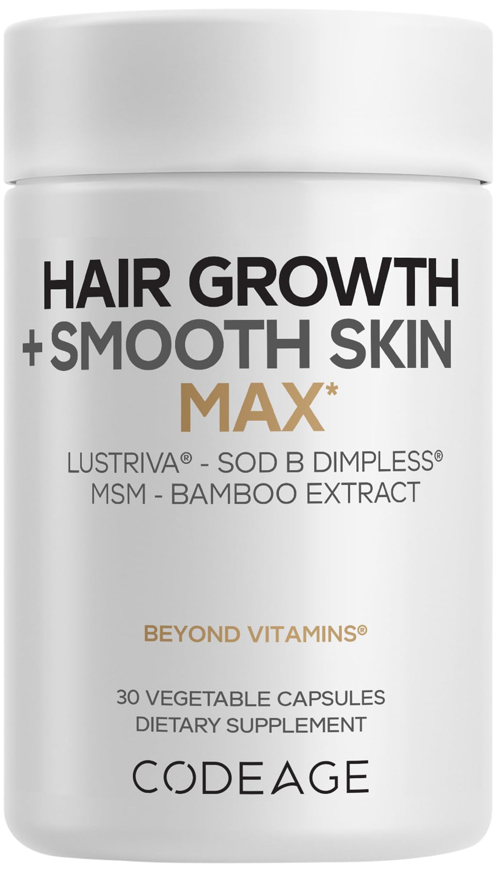 Codeage Hair Growth + Smooth Skin Max Vitamins Supplement - Patented Lustriva & SOD B Dimpless Superoxide Dismutase - Hair Growth Health Skin Cellulite Support - Biotin, Vitamin C, MSM - 30 Capsules Codeage Au supplements