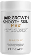 Codeage Hair Growth + Smooth Skin Max Vitamins Supplement - Patented Lustriva & SOD B Dimpless Superoxide Dismutase - Hair Growth Health Skin Cellulite Support - Biotin, Vitamin C, MSM - 30 Capsules Codeage Au supplements