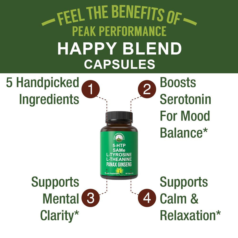 Peak Performance Mood Support Supplement with 5 Top Ingredients: 5HTP, SAM e, L Tyrosine, L Theanine, and Panax Ginseng. Calm, Focus, Relaxation Supplements. Vegan Peak Performance Au supplements