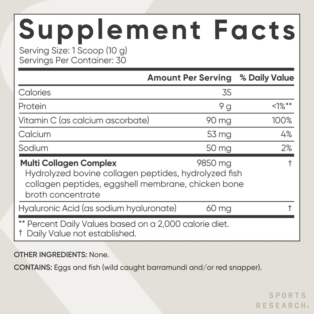 Sports Research Multi Collagen Protein Powder (Type I, II, III, V, X) with Hyaluronic Acid + Vitamin C | 5 Types of Food Based Collagen