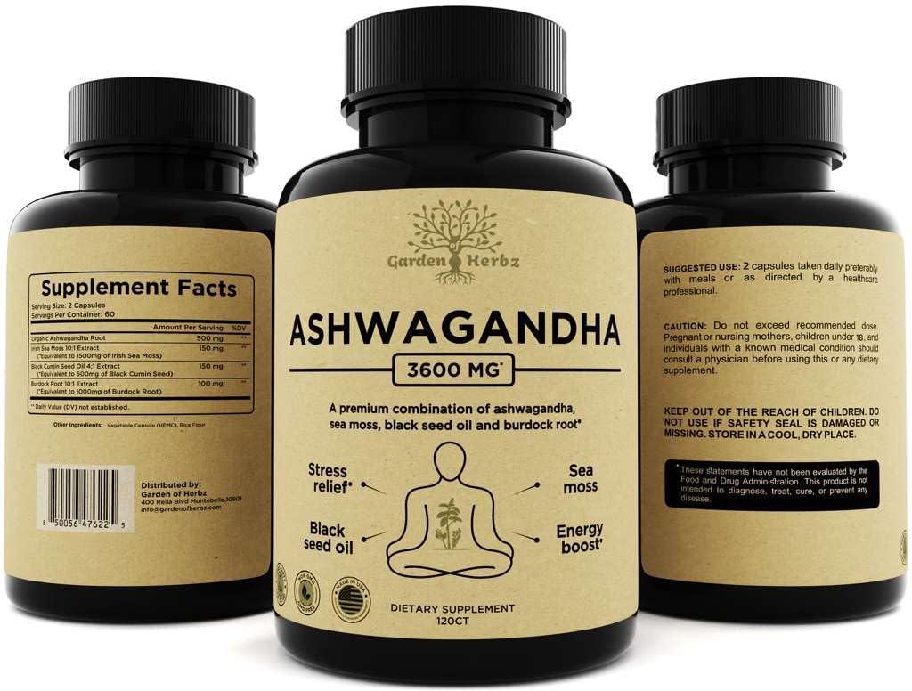Garden of Herbz Organic Ashwagandha Root & Irish Sea Moss – 3,600 mg Ashwagandha Supplement with Black Seed Oil, & Burdock Root – Herbal Supplement for Energy, Calm, Mood, & Wellness, 120 Caps Garden of Herbz Au supplements
