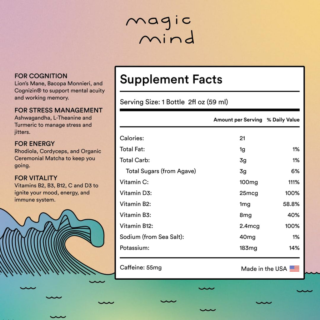 Magic Mind Energy And Focus Drink Shots - Stress Relieving, No Jitters, Ashwagandha, Vitamin B12, Vitamin C, Matcha Green Tea, Functional Mushrooms - 2 FL Oz (15 Pack) Magic Mind Au supplements