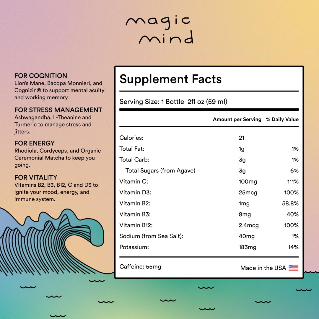 Magic Mind Energy And Focus Drink Shots - Stress Relieving, No Jitters, Ashwagandha, Vitamin B12, Vitamin C, Matcha Green Tea, Functional Mushrooms - 2 FL Oz (15 Pack) Magic Mind Au supplements