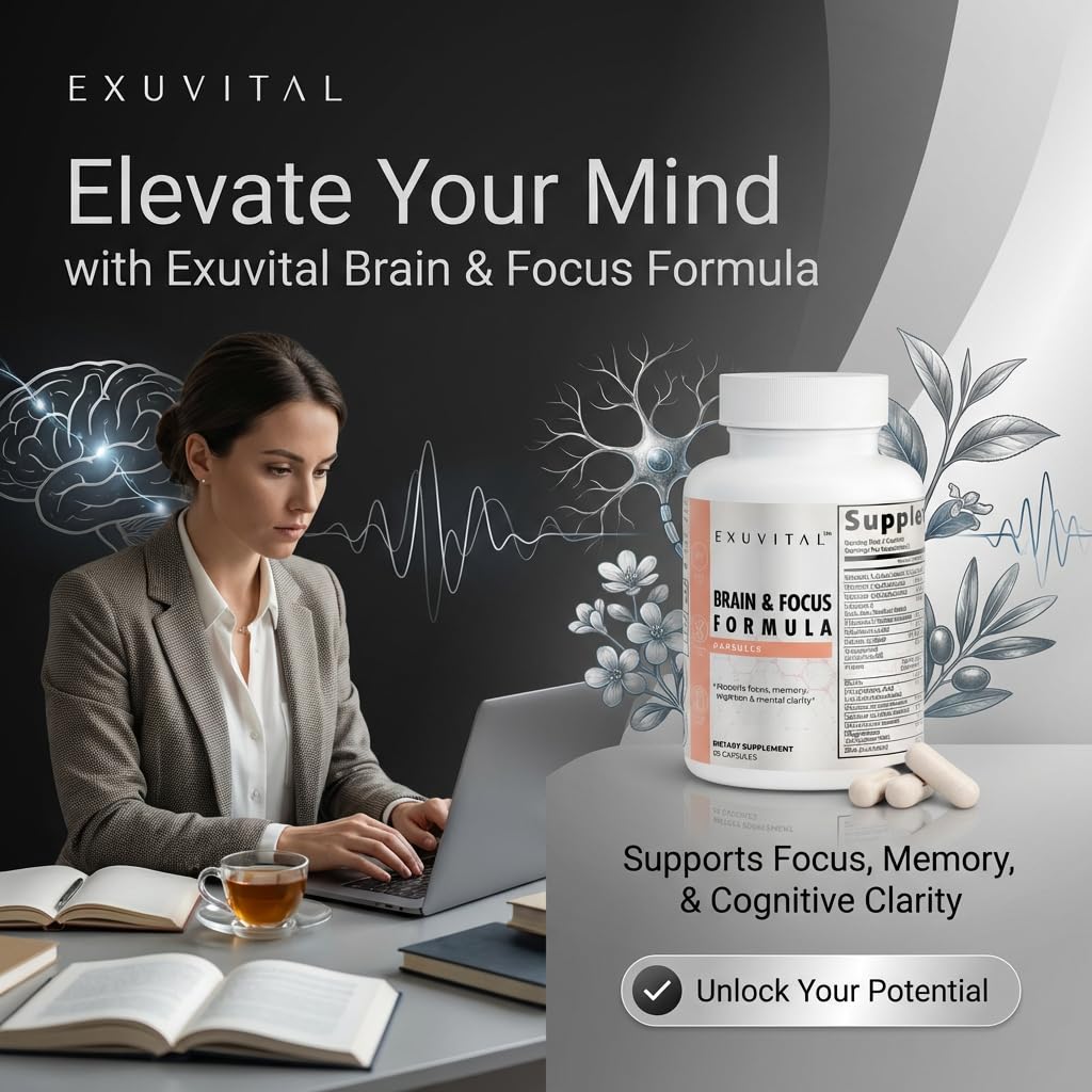 EXUVITAL Brain & Focus Formula, Veggie Capsules, 60 Count, Nootropic Supplement with Vitamins, Minerals and Proprietary Blend for Clarity, Memory, Cognition and Mental Focus EXUVITAL Au supplements