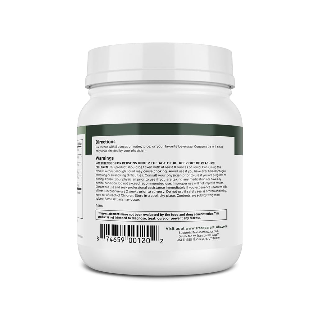Transparent Labs Prebiotic Greens - Superfood Powder & Antioxidants Supplement with Organic Spirulina, Chloerra, Acacia, & Green Banana Powder - 30 Servings, Unflavored