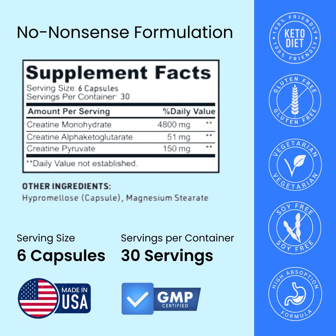 Creatine Capsules, 5g Premium 3X ThreeAtine Pre Workout Bulk Muscle Mass Gainer, High Absorption Easy to Take Creatine Monohydrate Pills Alternative Optimum Performance for Men Women, 180 Capsules Crazy Muscle Au supplements