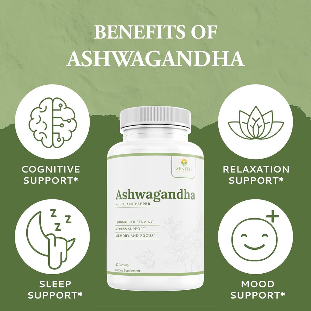 Zenith Vitality Ashwagandha 1300mg Capsules – Stress Relief & Cortisol Support, Immune & Energy Boost, Mental Clarity, Herbal Adaptogen Supplement – 60 Count Zenith Vitality Au supplements