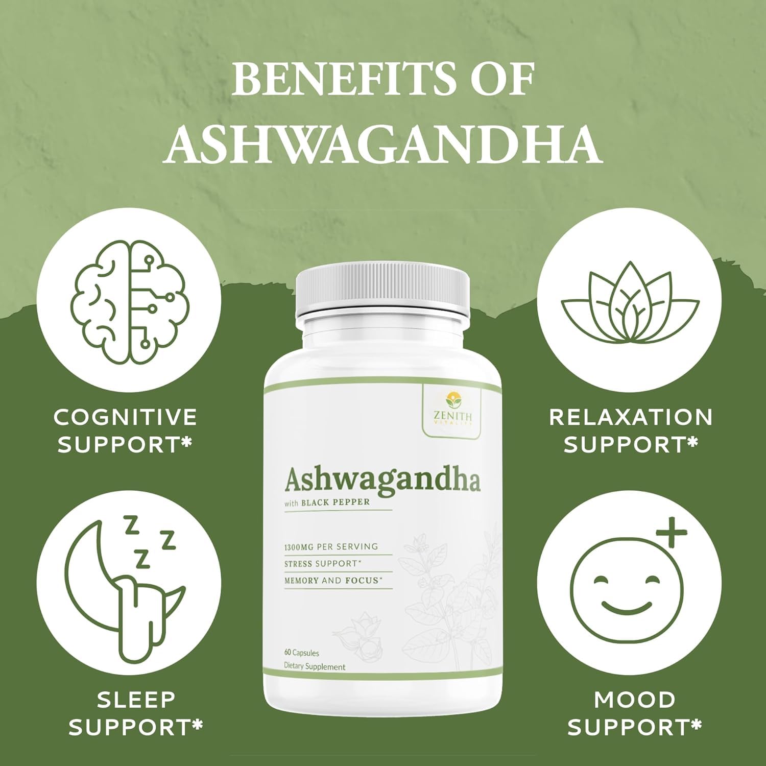 Zenith Vitality Ashwagandha 1300mg Capsules – Stress Relief & Cortisol Support, Immune & Energy Boost, Mental Clarity, Herbal Adaptogen Supplement – 60 Count Zenith Vitality Au supplements