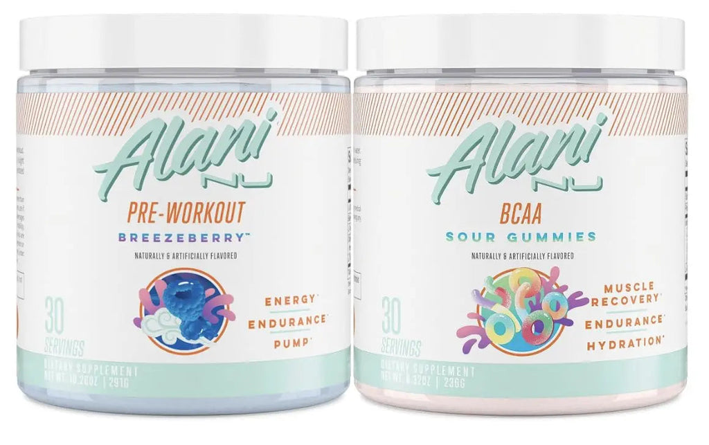 Alani Nu Breezeberry Pre Workout and BCAA Sour Gummies Post Workout Powder Bundle Alani Nu Au supplements