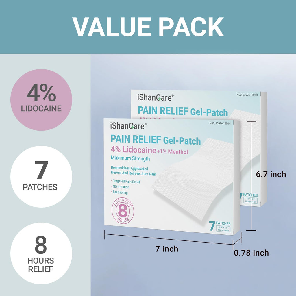 ishancare Lidocaine 4% + Menthol 1% Patches 14Count Fast Acting Maximum Strength Back Neck, Shoulders, Knees, Elbows Pain Relief - Temporary Nerve & Joint Pain Solution ishancare Au supplements