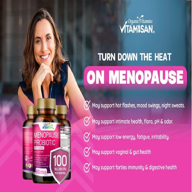 Menopause Support for Women – Hormone-Free Prebiotics & Probiotics 100 Billion CFU with Black Cohosh & Ashwagandha | Feminine Care, pH Balance, Vaginal Health, Hot Flashes, Night Sweats & Mood Swings VITAMISAN Au supplements