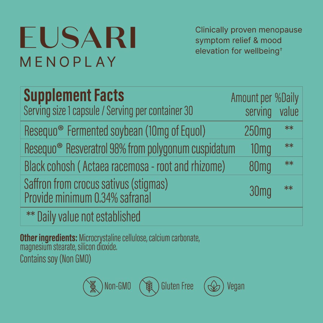 Menoplay Menopause & Perimenopause Relief Supplement – Non-Hormonal Formula with Equol, Black Cohosh & Saffron – Helps Hot Flashes, Night Sweats, Mood & Sleep – Doctor Formulated – 30 Tablets Eusari Au supplements