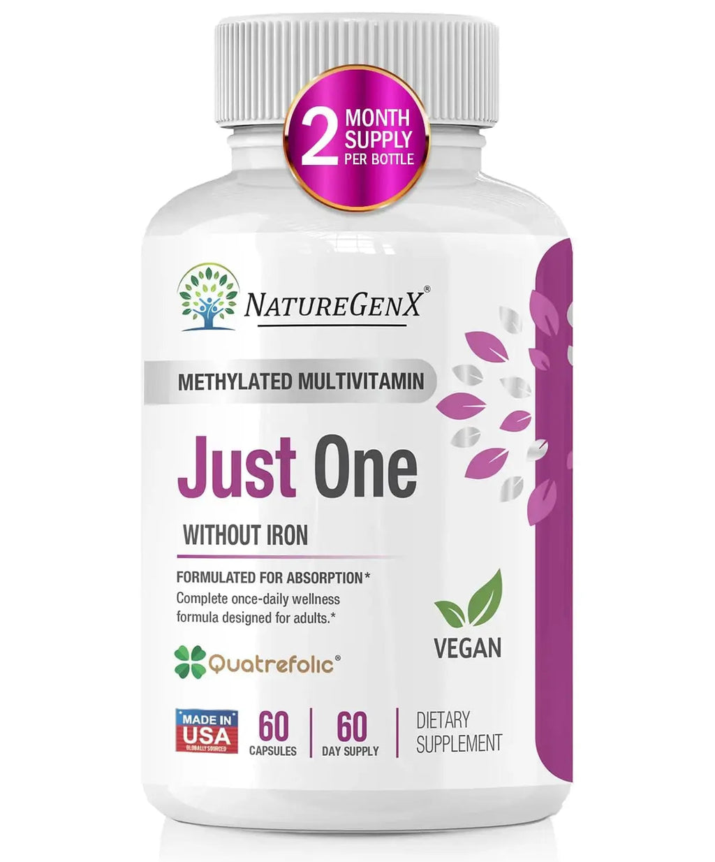 NatureGenX Just One Daily Methylated Multivitamin - 60 Caps Pure Methyl B12, Methylfolate MTHFR Support Supplement Iron Free Methylated Vitamins NatureGenX Au supplements