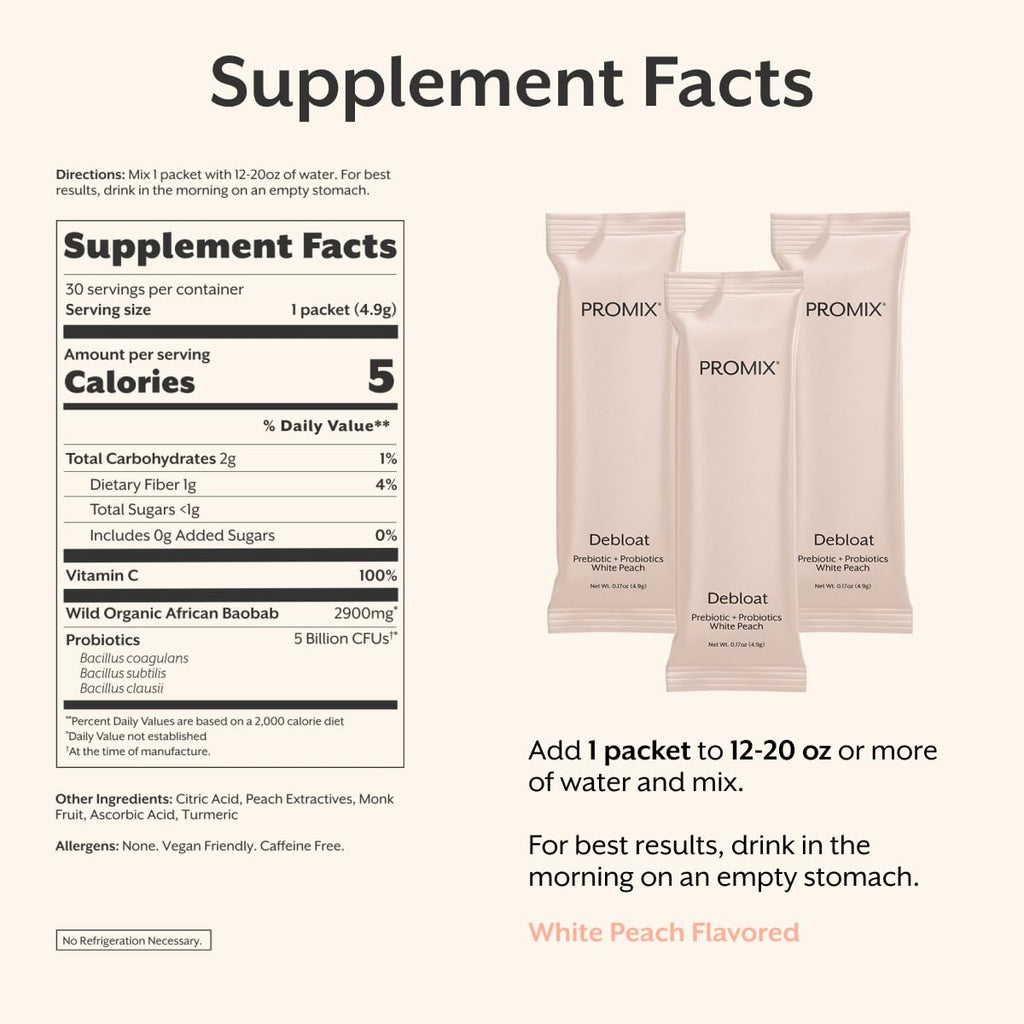 ProMix Nutrition Debloat Prebiotics and Probiotics, Bloating Relief for Women, Gut Cleanse Detox for Men and Immune Support - White Peach - 30 Servings (Pack of 30) ProMix Nutrition Au supplements