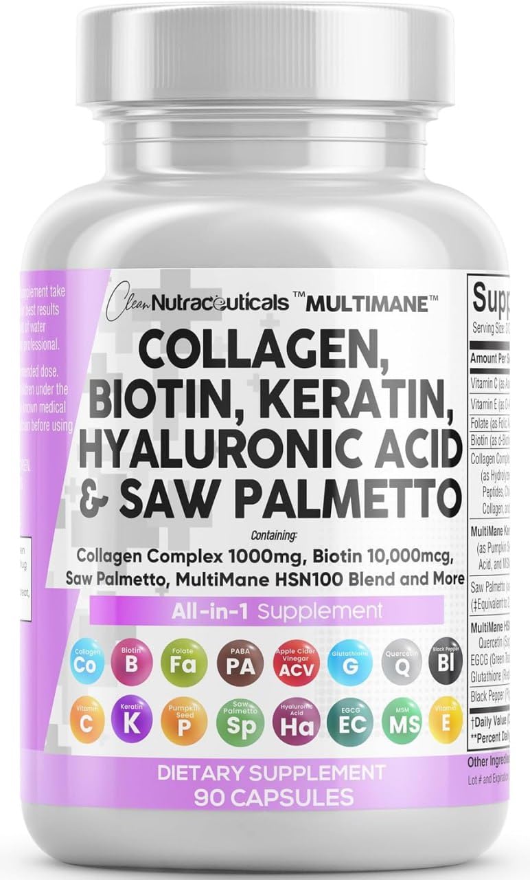 Clean Nutraceuticals Collagen Pills 1000mg Biotin 10000mcg Keratin Saw Palmetto Hyaluronic Acid - Hair Skin & Nails Vitamins & DHT Blocker with Vitamin E Folic Acid