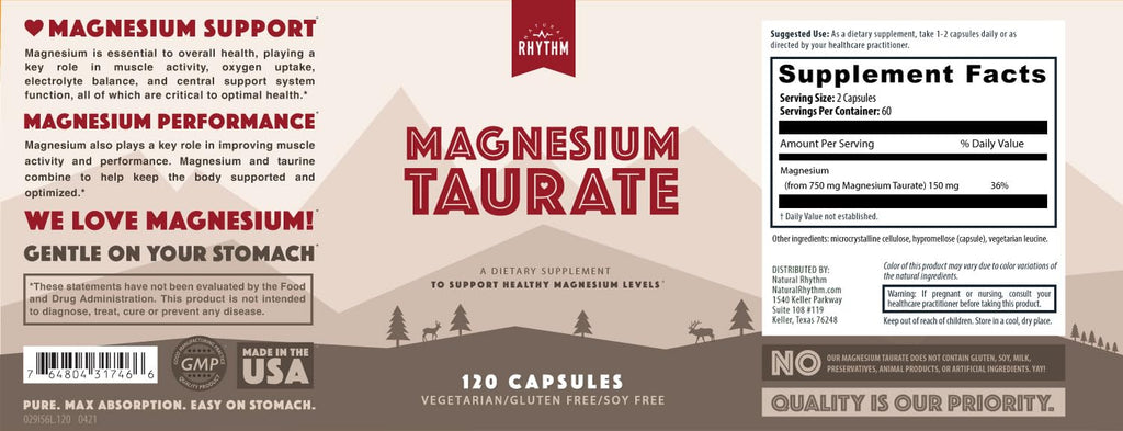 Magnesium Taurate 750mg (150mg Elemental Magnesium) – 120 Vegetarian Capsules – High-Absorption Magnesium Taurate Supplement for Heart, Muscle, and Nerve Support