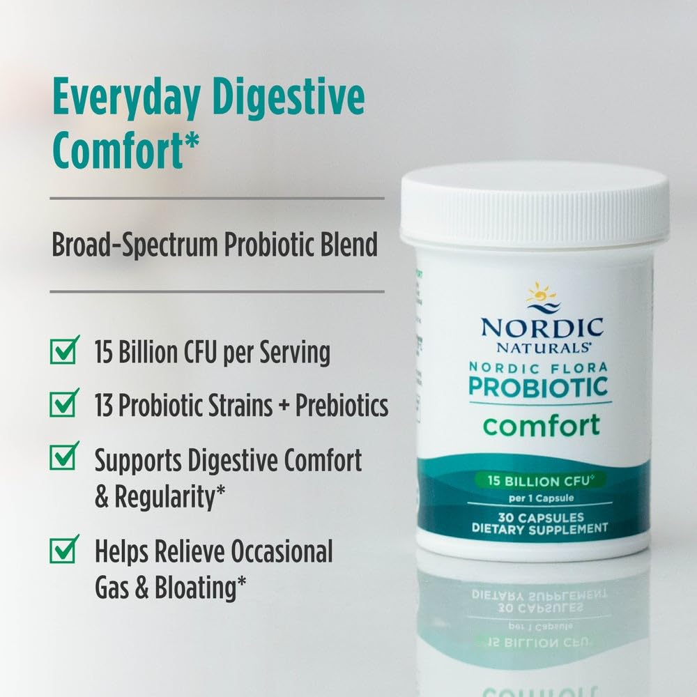 Nordic Naturals Nordic Flora Probiotic Comfort - 30 Capsules - 13 Probiotic Strains w/ 15 Billion Cultures - Supports Regularity & Digestive Comfort, Alleviates Bloating