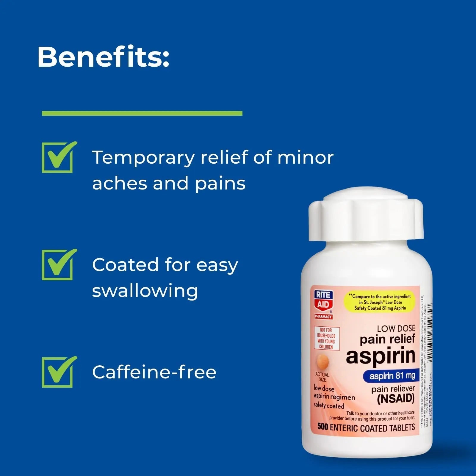 Rite Aid Aspirin Enteric Tablets - 81 mg Aspirin - 500 Count - Low-Dose for Headache Relief - Safety Coated - Aspirin Regimen - Migraine Medicine - Pain Relief Rite Aid Au supplements