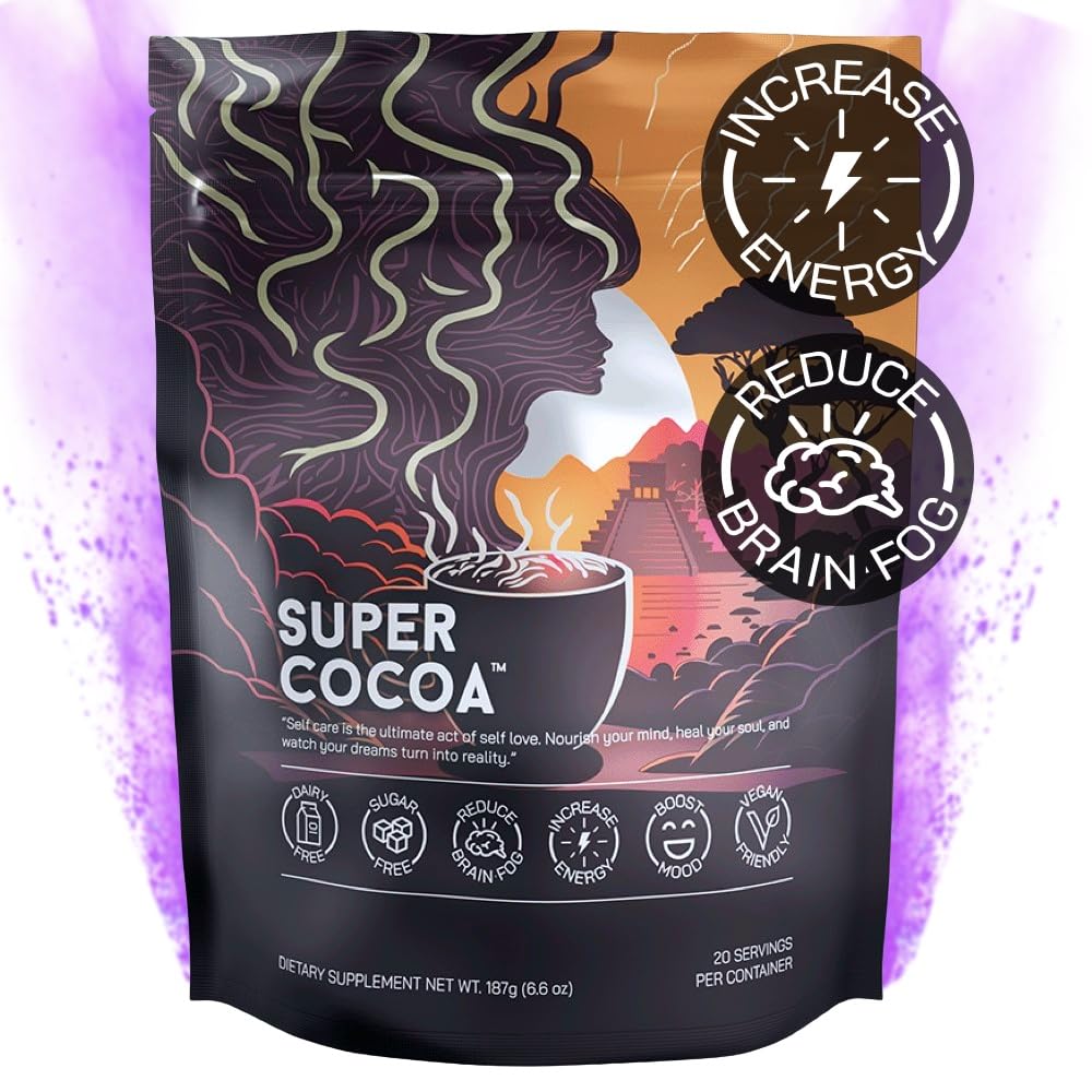 Super Cocoa Coffee Alternative Hot Chocolate Mix - Nootropics Brain Support Supplement for Memory & Focus - Mushroom Coffee Substitute - Dairy Free, Sugar Free,