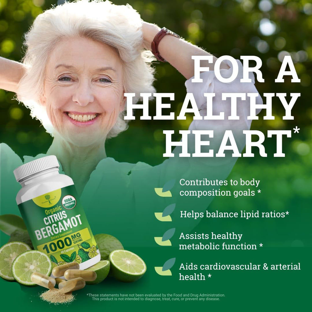 Organic Citrus Bergamot Supplement - Only USDA, Cardiologist Formulated with 200+ Scientific Studies -1000mg - Patented Extract, Heart, Cholesterol,