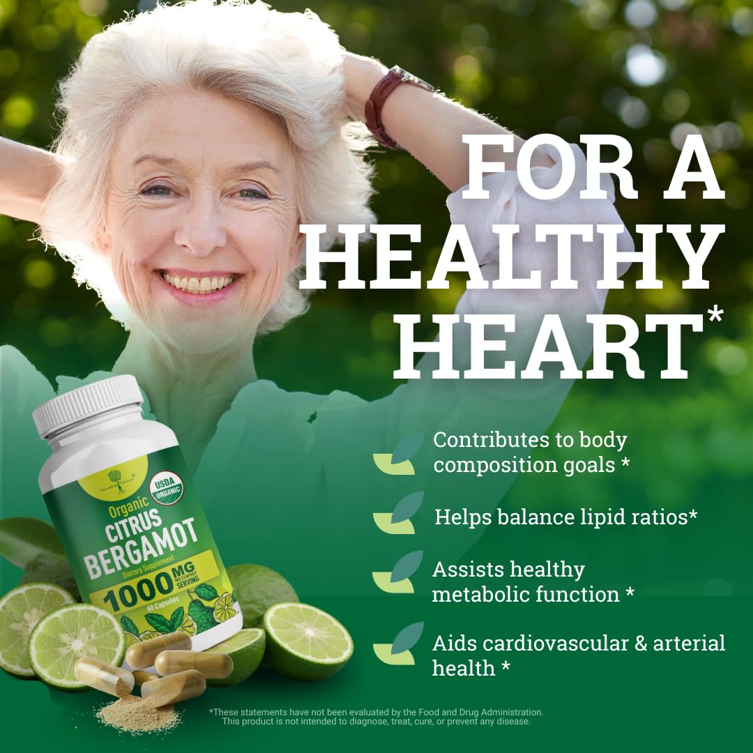 Organic Citrus Bergamot Supplement - Only USDA, Cardiologist Formulated with 200+ Scientific Studies -1000mg - Patented Extract, Heart, Cholesterol,