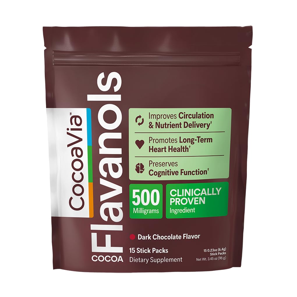 CocoaVia Cocoa Flavanols 500mg, High Flavanol Cocoa Powder, Support Heart and Brain Health, Boosts Nitric Oxide, Circulation, Preworkout, Travel-Friendly, Vegan, Dark Chocolate, 15 Single Serve Sticks