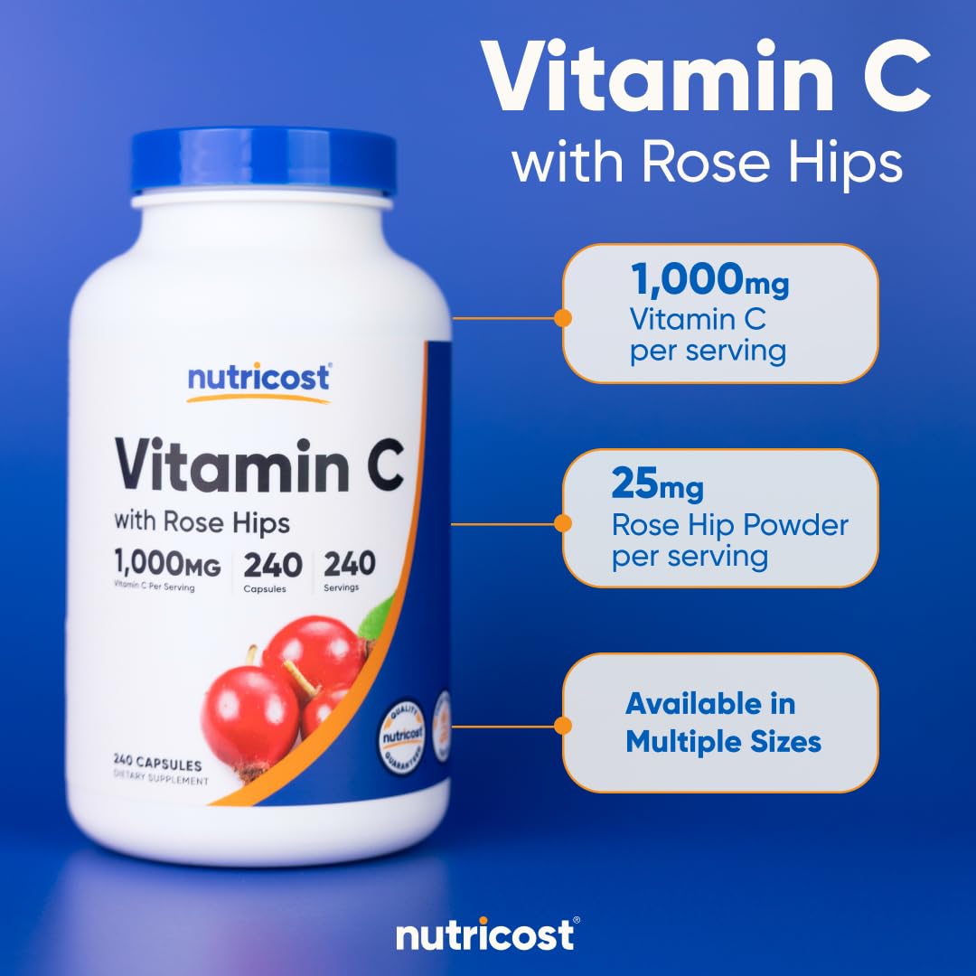 Nutricost Vitamin C with Rose Hips 1025mg, 240 Capsules - Vitamin C 1,000mg, Rose Hips 25mg, Premium