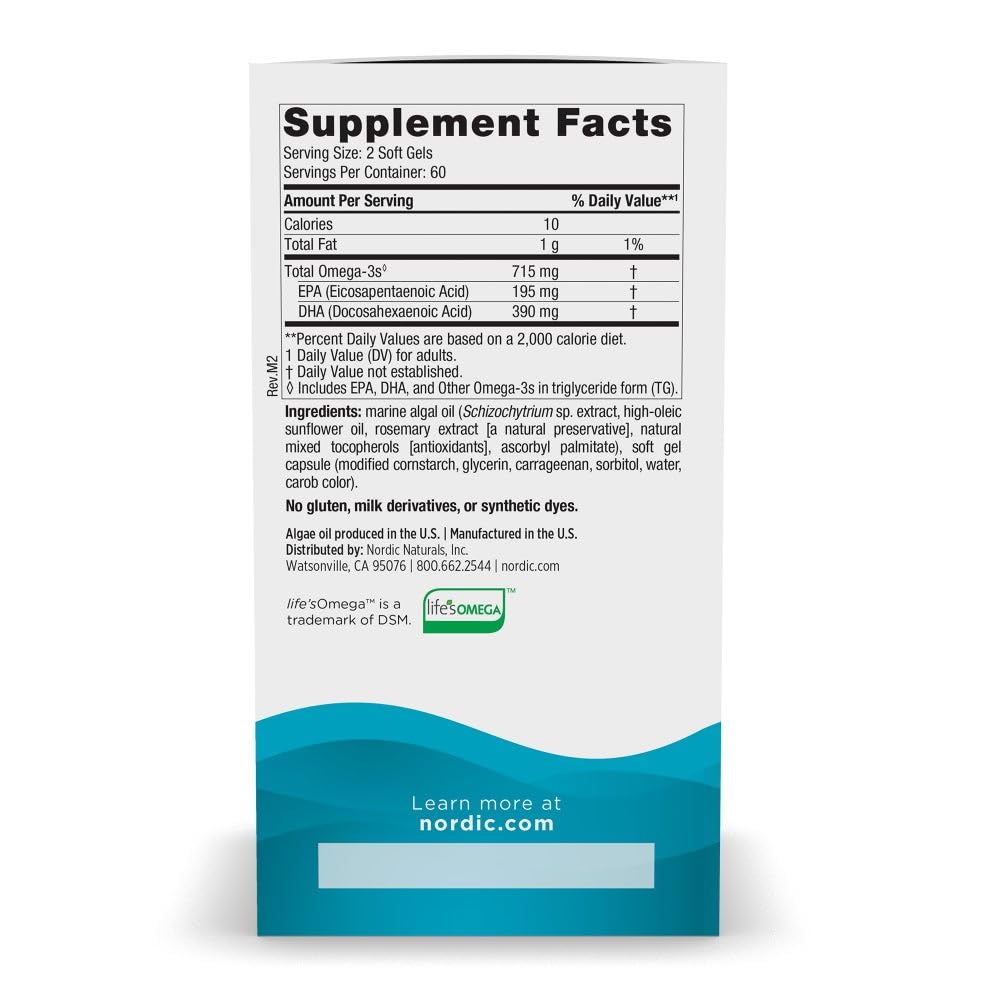 Nordic Naturals Algae Omega - 120 Soft Gels - 715 mg Omega-3 - Certified Vegan Algae Oil - Plant-Based EPA & DHA - Heart, Eye