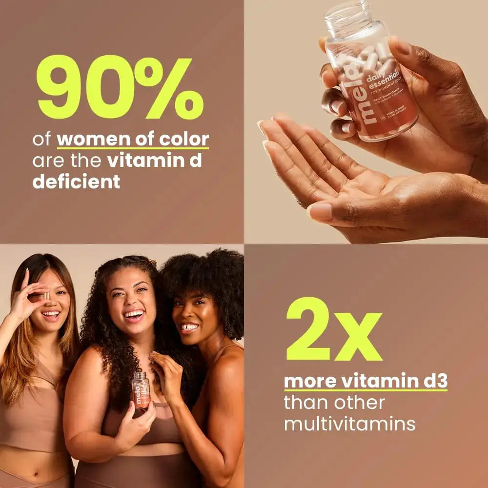 Mela Daily Essentials Multivitamin for Melanated Women - High-Dose Vitamin D3 and B12, Probiotics, Lion's Mane, Ceylon Cinnamon Mela Au supplements