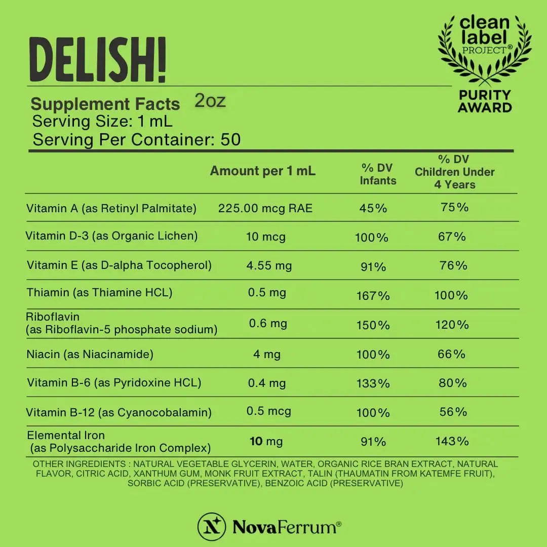 NovaFerrum Delish | Vegan Multivitamin with Iron for Infants, Toddlers & Kids | Immune Support | Organic Plant-Based D-3 | NovaFerrum Au supplements