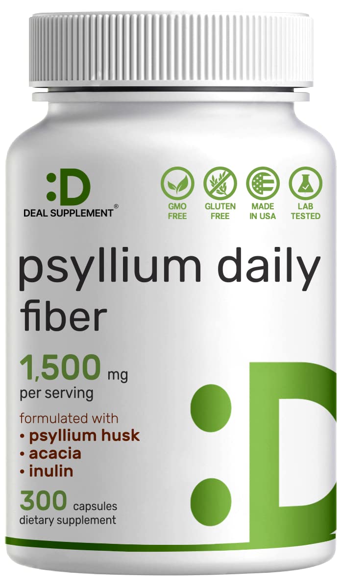 Psyllium Husk 1500mg Per Serving, 300 Capsules – 3 in 1 Fiber Supplement with Inulin & Acacia Complex – Natural Soluble Fiber