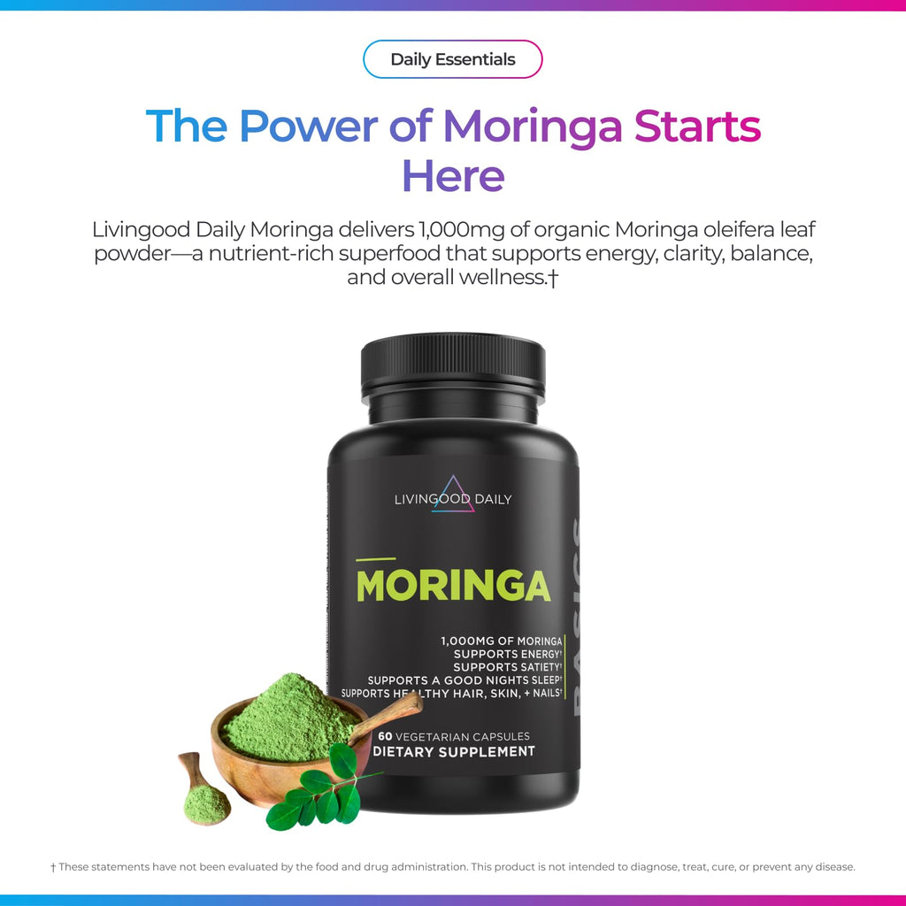 Livingood Daily Moringa Capsules, Moringa Supplement for Energy, Sleep, Satiety, Hair, Skin, Nails & Wellness, Plant Based Vegetarian, Gluten Free
