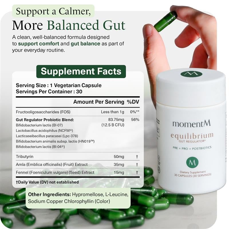 momentM Equilibrium 3-in-1 Probiotics for Women & Men Digestive Health, Prebiotics and Probiotics for Women with HOWARU Strains, Postbiotics & Fennel for Bloat & Gut Health,12.5B CFU, 30 Capsules momentM Au supplements