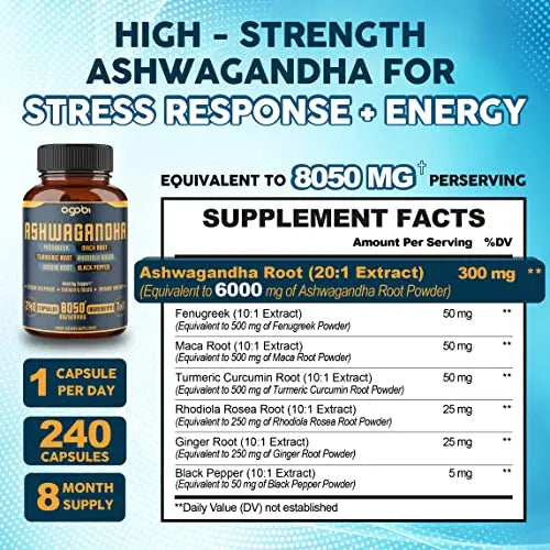 240 Capsules - 8 Month Supply - 7in1 Ashwagandha 8050mg - Combined With Fenugreek agobi Au supplements