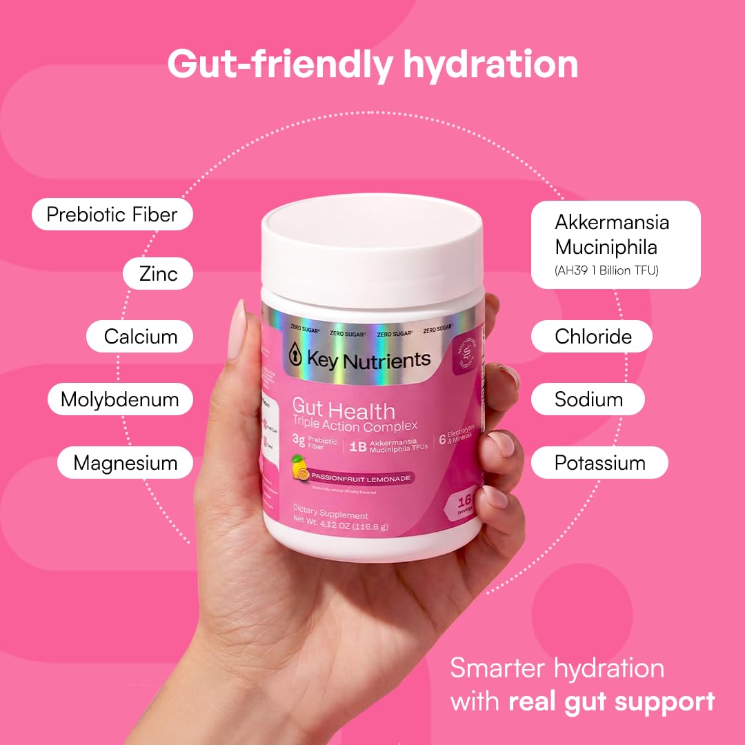 KEY NUTRIENTS Gut Health Hydration – Passionfruit Lemonade, Fiber Supplement with 3g Prebiotic Fiber & Akkermansia Probiotics for Women and Men