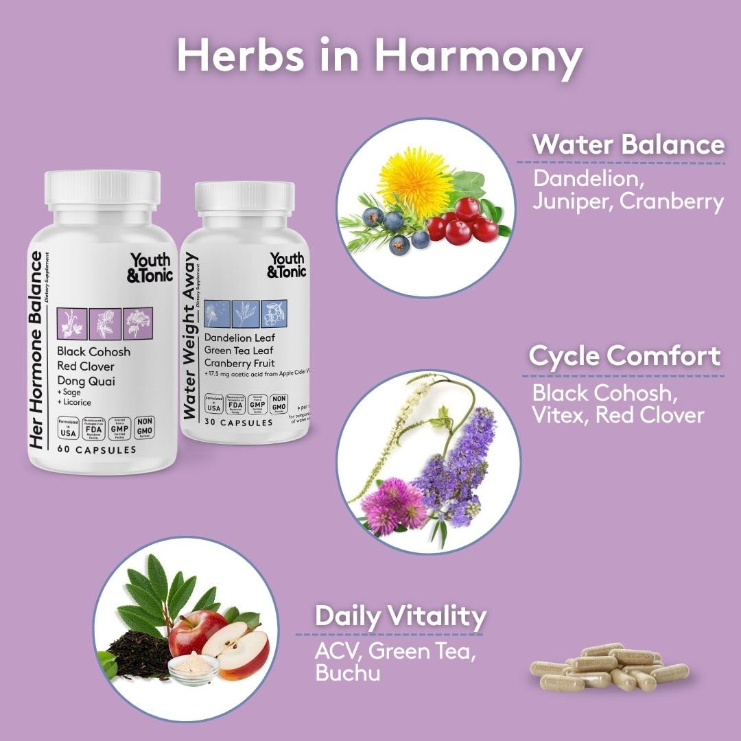 Youth & Tonic PMS & Menopause Bloating Relief Duo – Support for Puffiness, Hormonal Balance & Fluid Retention – Her Hormone Balance + Water Weight Away Natural Herbs for Women, 90 Capsules Youth & Tonic Au supplements