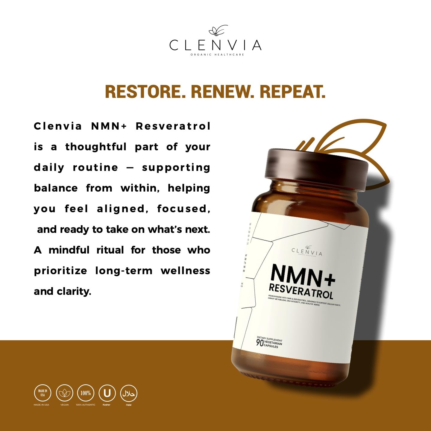 CLENVIA Premium NMN Supplement with Resveratrol – High Potency NAD+ Support Formula – >99.7% Purity – Third-Party Tested – Made in USA – 500mg Nicotinamide + 100mg Resveratrol – 90 Capsules CLENVIA Au supplements