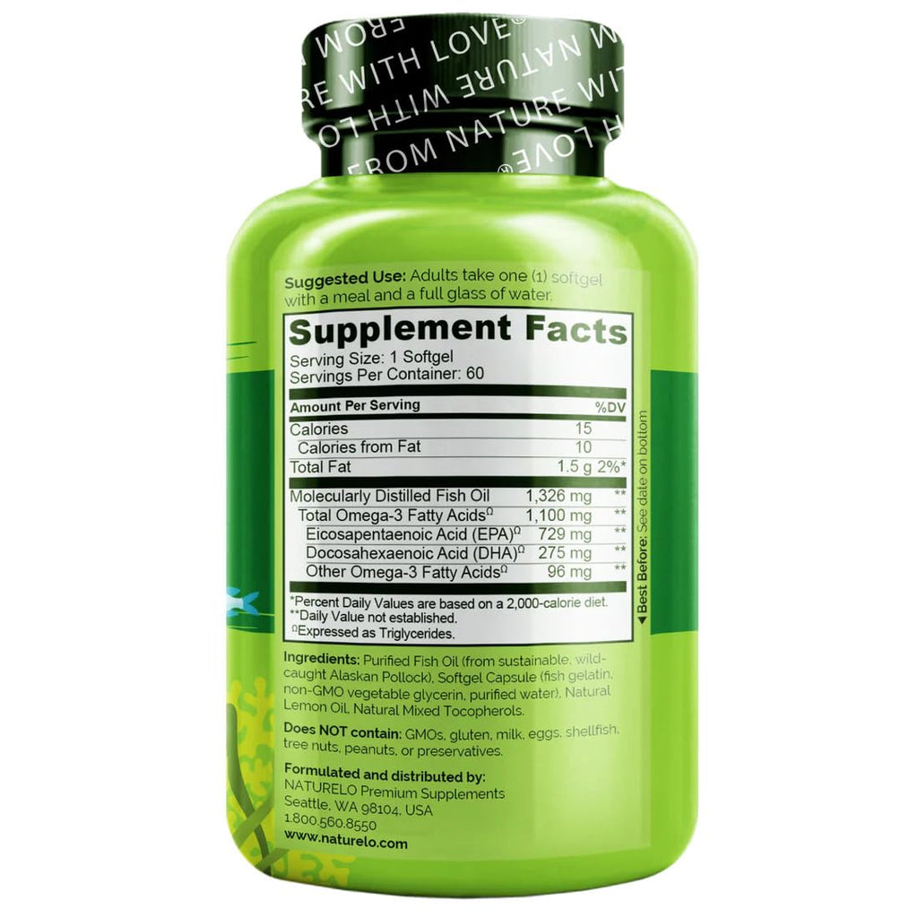 NATURELO Burpless Omega 3 Fish Oil Supplement - 1100mg Triglyceride Omega-3, EPA + DHA, Liquid Fish Oil for Heart, Eye, Brain, Joint Health