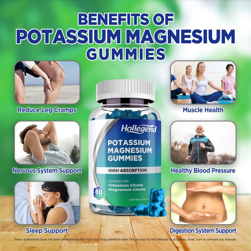 HOLLEGEND Potassium Magnesium Gummies, High Absorption Potassium Citrate 99mg Magnesium Citrate 180mg, Chewable Gummy Supplements for Leg Cramps & Muscle, 60 Count HOLLEGEND Au supplements