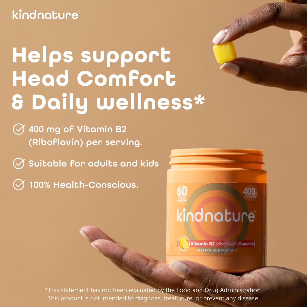 kindnature Vitamin B2 Gummies - Riboflavin 400mg Supplement for Kids & Adults - Non-GMO, Soy & Gluten-Free
