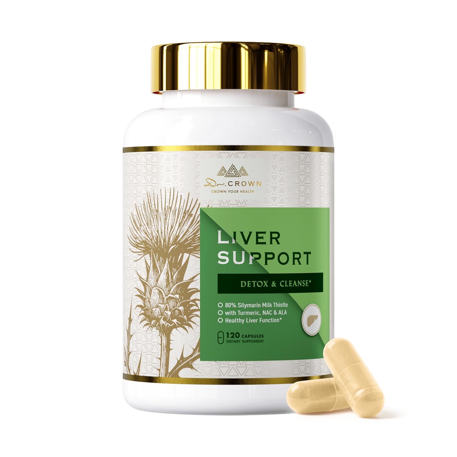 DR. Crown Liver Cleanse Detox & Repair - Milk Thistle Supplement, with Silymarin, N-Acetyl Cysteine(NAC), Artichoke, Turmeric & Dandelion for Liver Detox, Cleanse, Gluten Free, Non-GMO - 120 Capsules DR. CROWN Au supplements